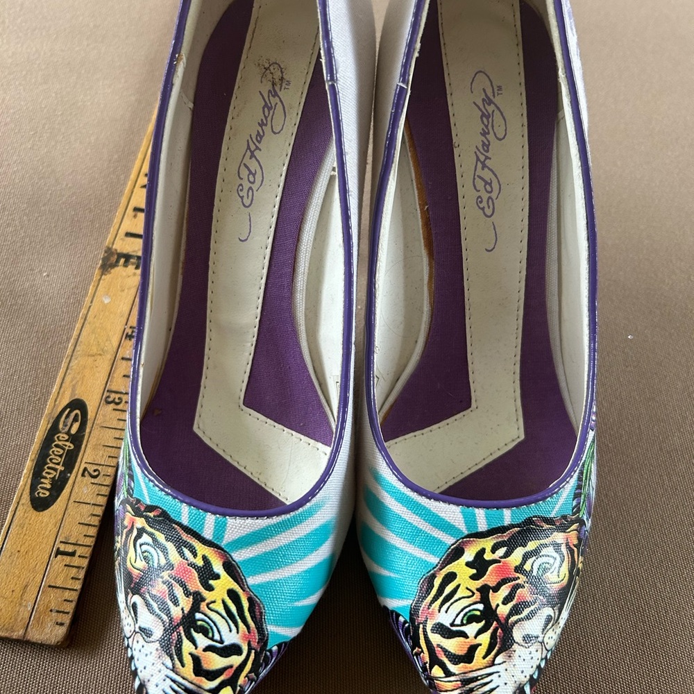 Ed Hardy Purple and Blue Heels with Unique Design